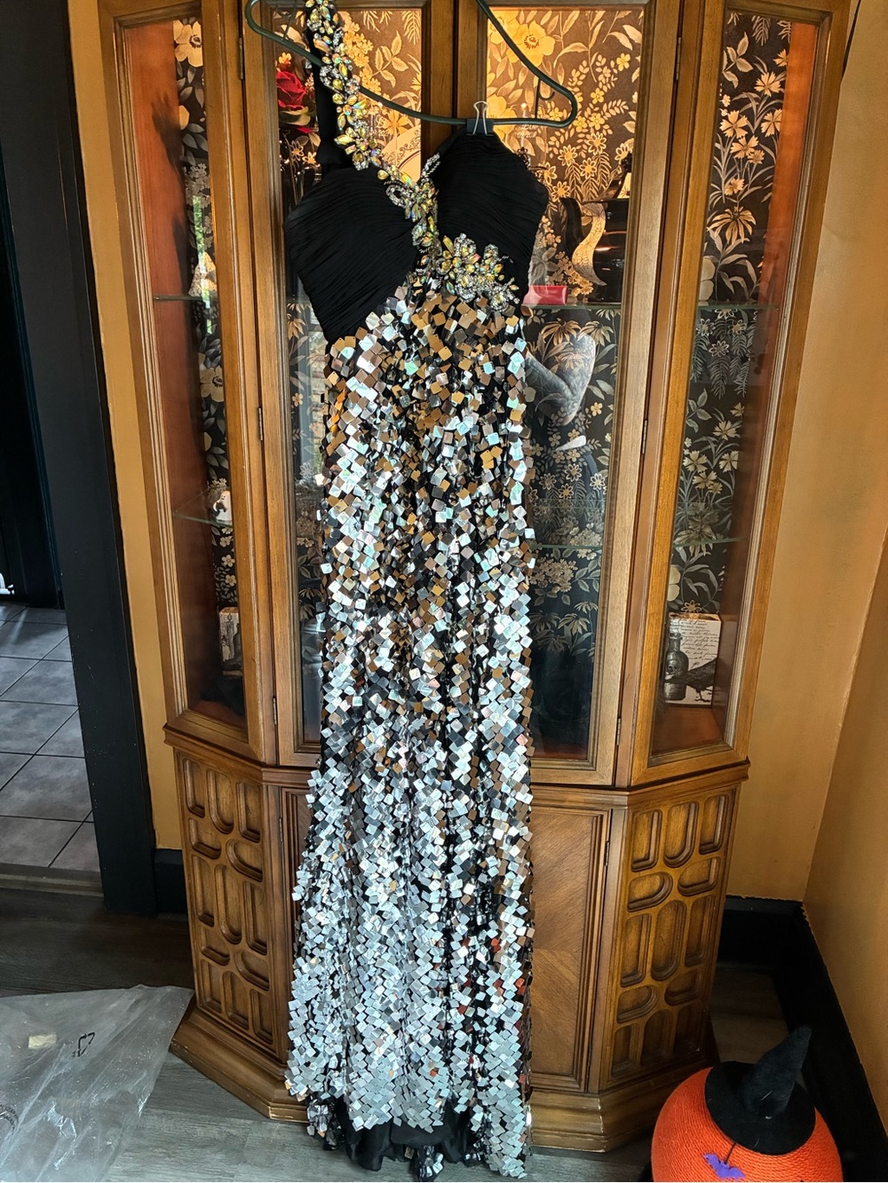 Black Sequin One-Shoulder Evening Gown